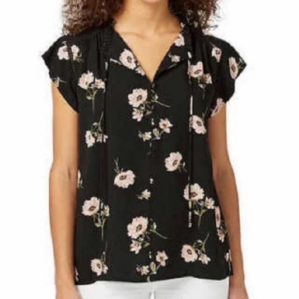 Black And Pink Floral Cap-Sleeve Blouse